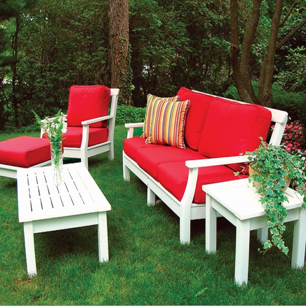 White Exterior Furniture with Red Pillows
