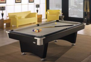 Black modern pool table in contemporary game room