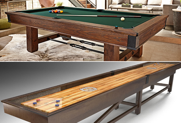 brown wood pool table and brown wood shuffleboard